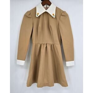Vintage 1970s Girl Prairie Dress Tan Earth Tone Embroidered Floral Collar Size 5